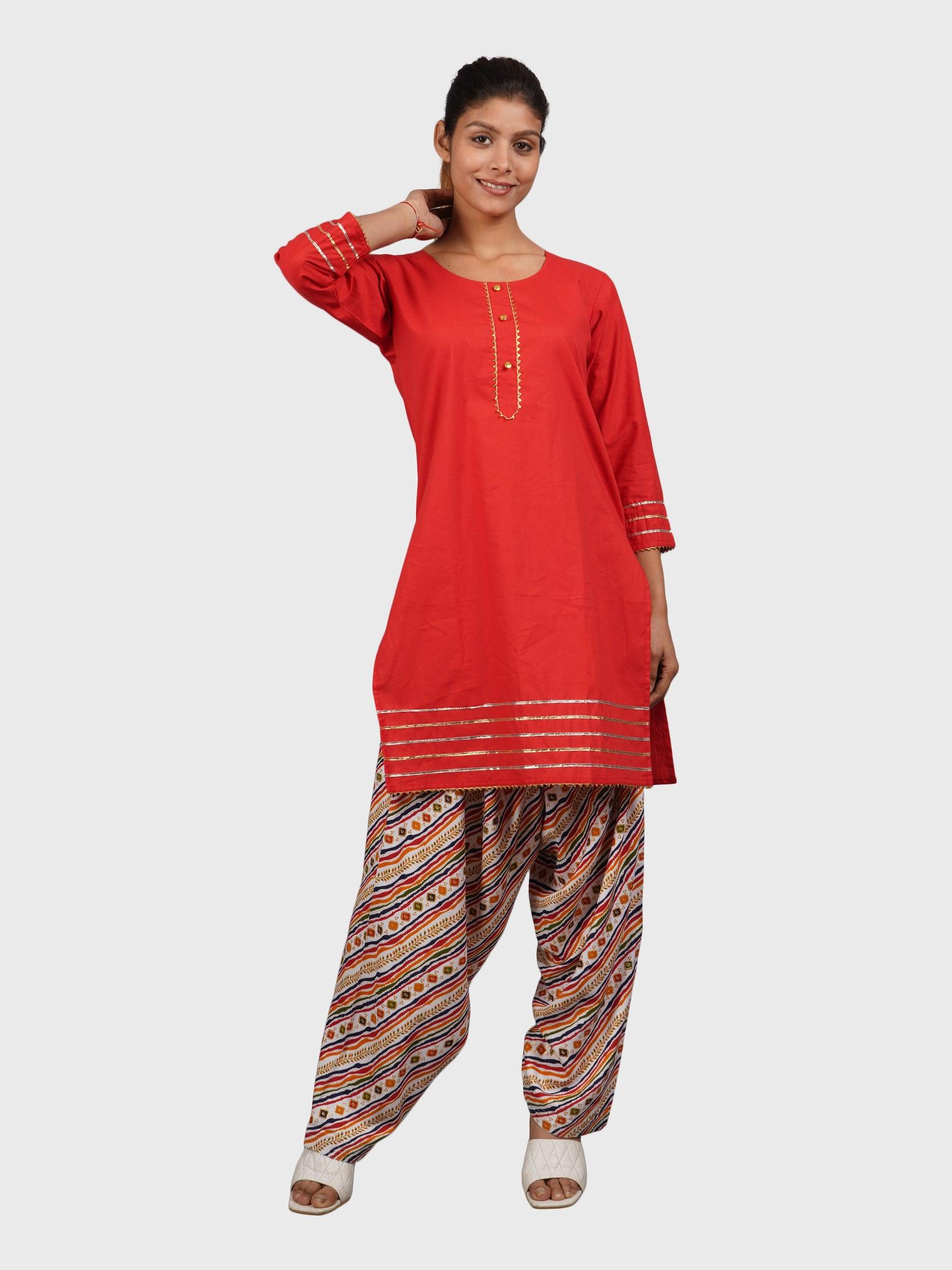 Women Plain Red Kurta with Stripe Cream Salwar and Dupatta
