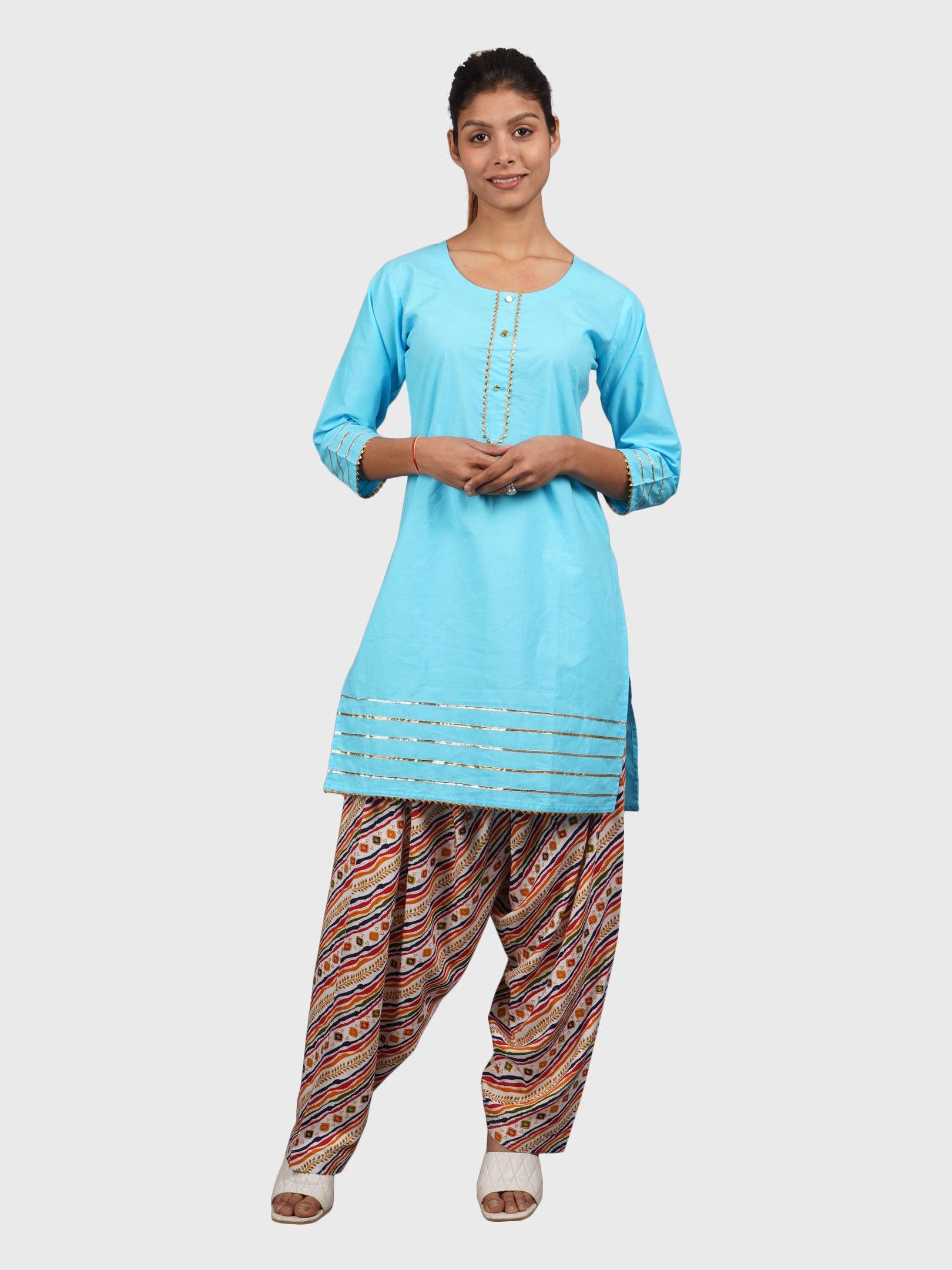 Women Plain Sky Kurta with Stripe Cream Salwar and Dupatta