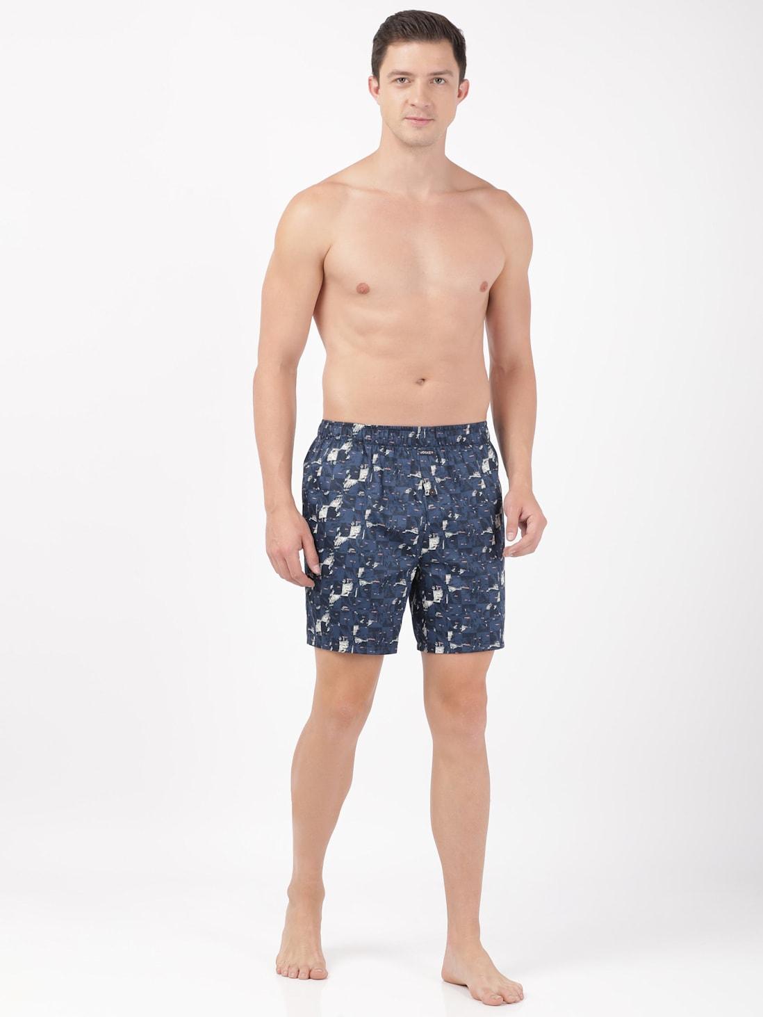 Jockey Men's Super Combed Cotton Satin Weave Printed Boxer Shorts with Side Pocket - Navy (Random Prints)