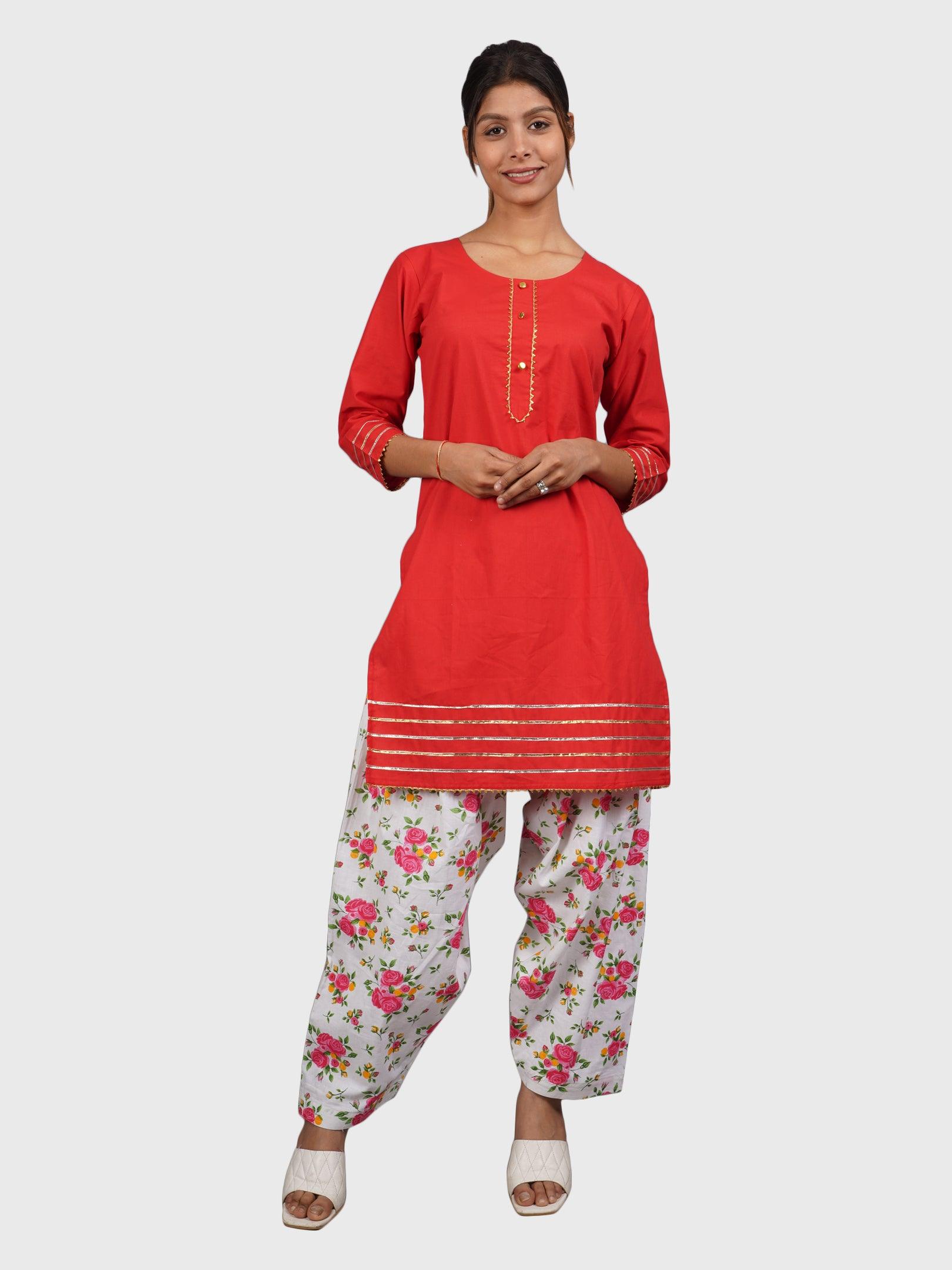 Women Plain Red Kurta with Printed Pink Salwar and Dupatta