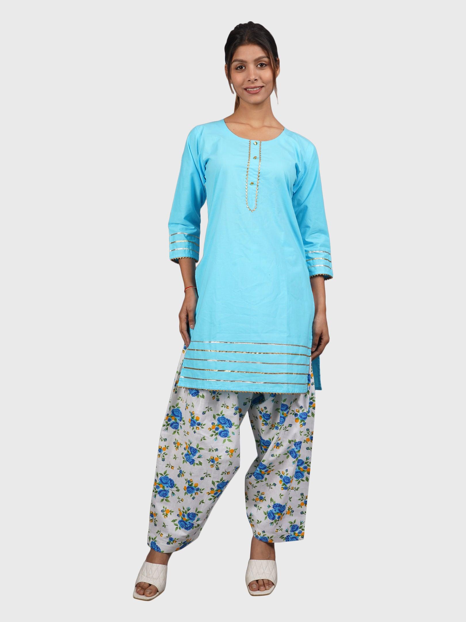 Women Plain Sky Blue Kurta with Printed Salwar and Dupatta