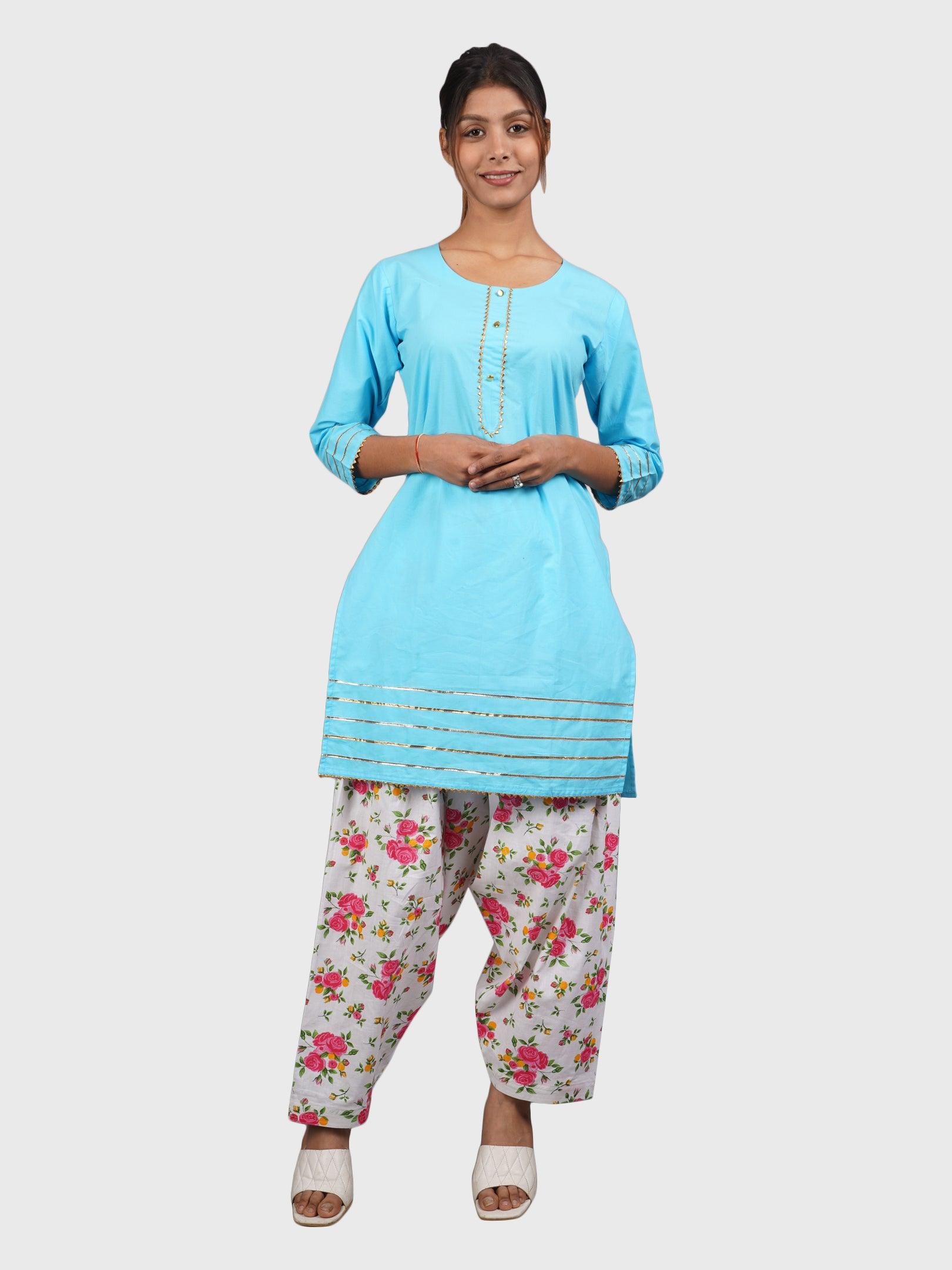 Women Plain Sky Blue Kurta with Printed Pink Salwar and Dupatta