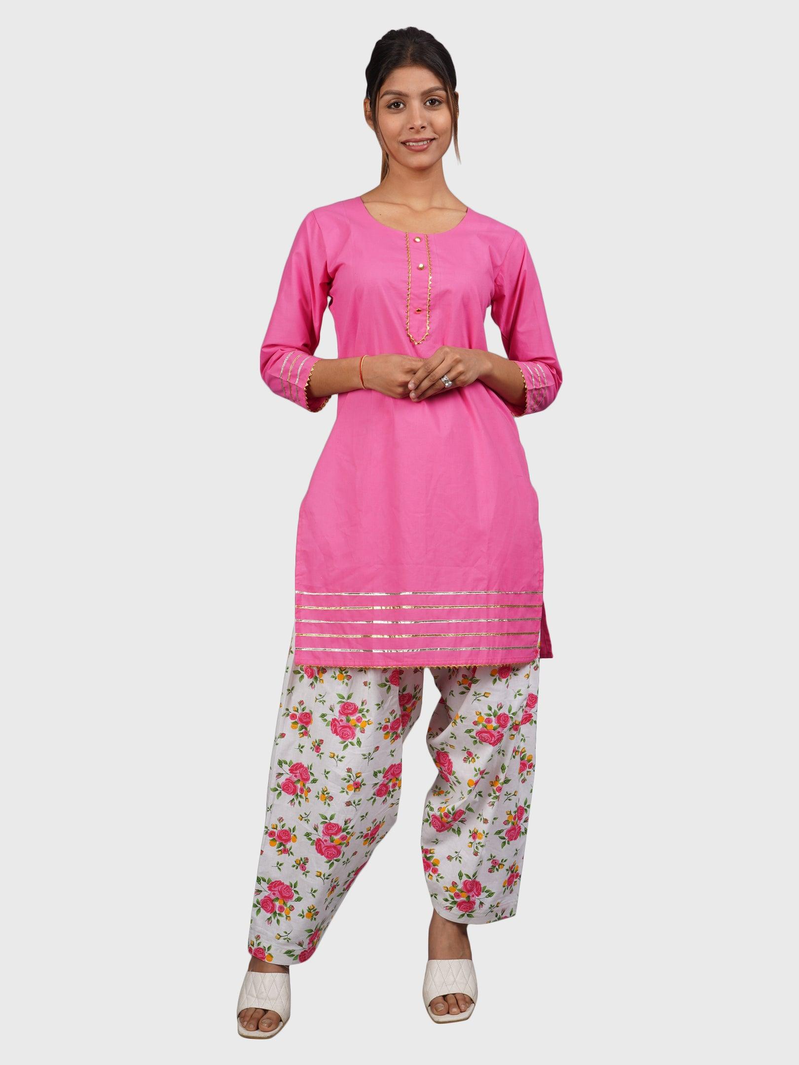 Women Plain Pink Kurta with Printed Salwar and Dupatta