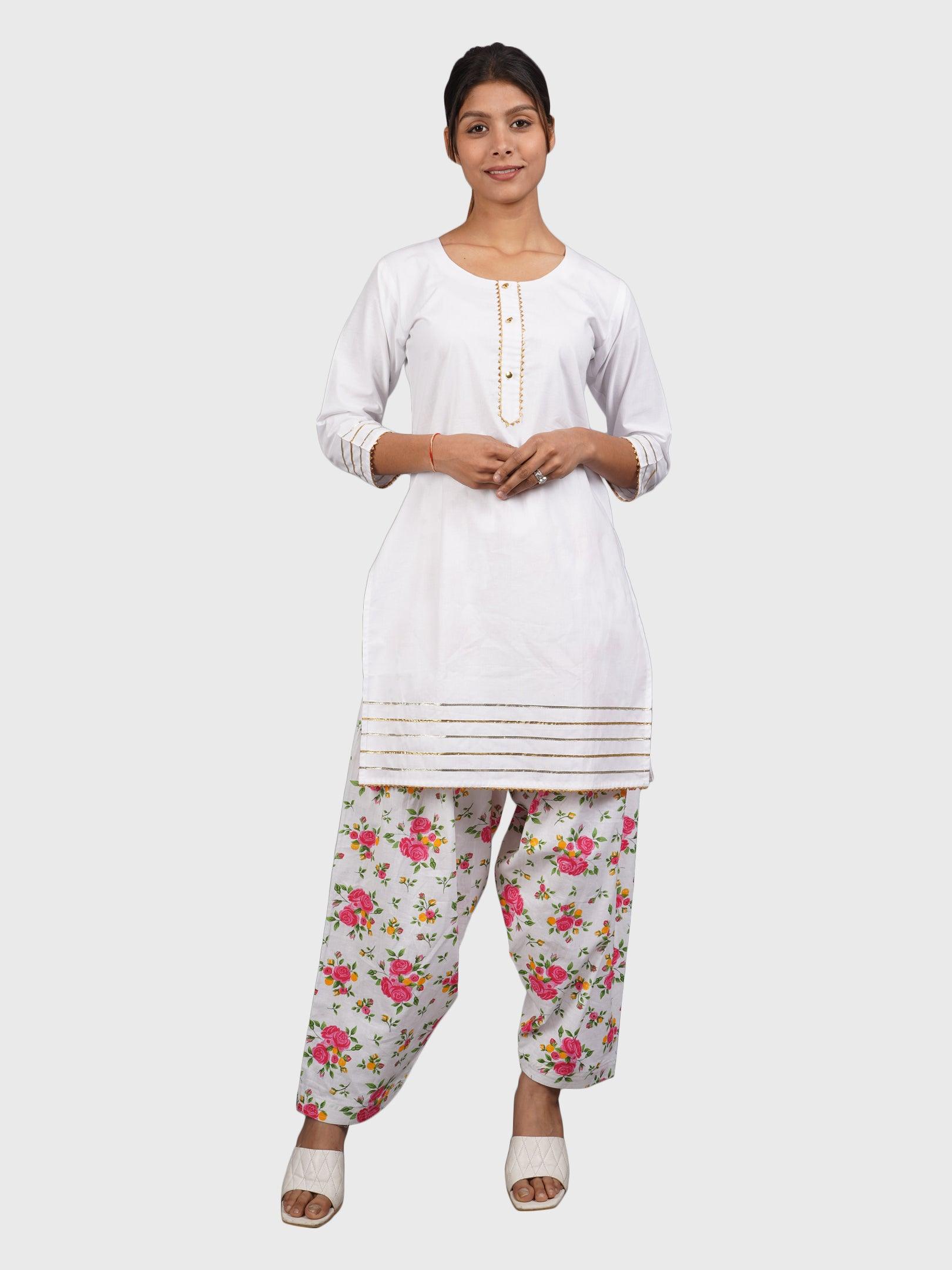 Women Plain White Kurta with Printed Pink Salwar and Dupatta