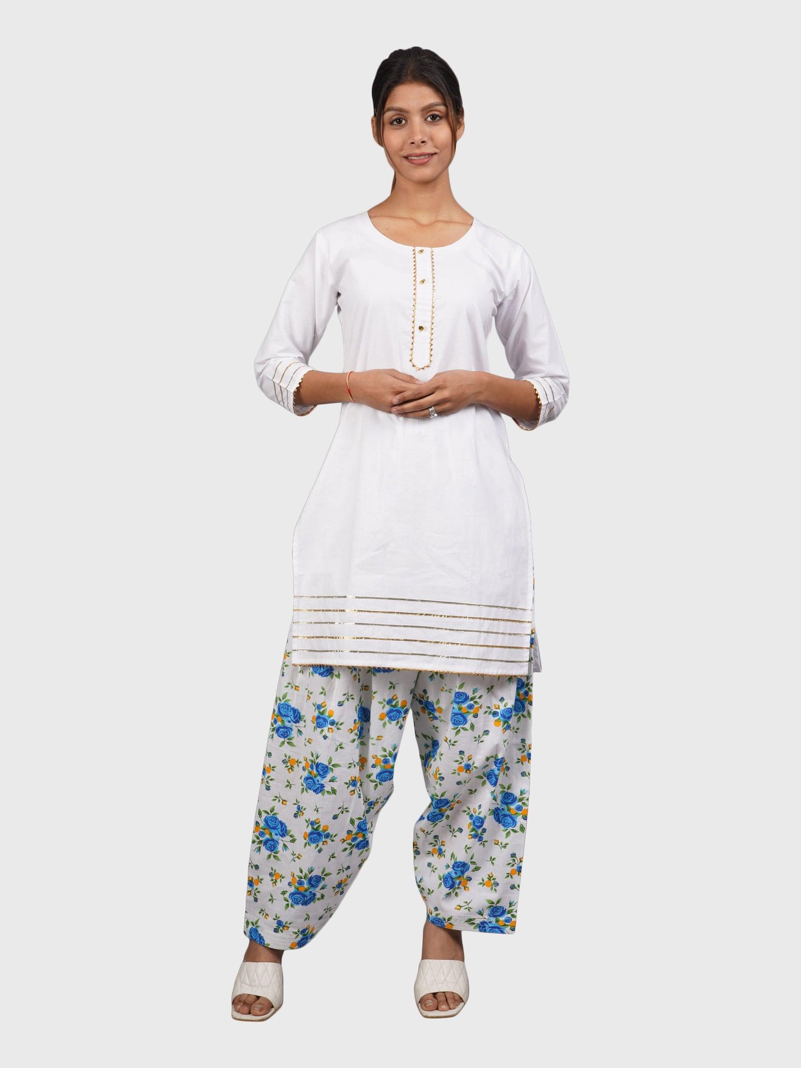 Women Plain White Kurta with Printed Sky Salwar and Dupatta