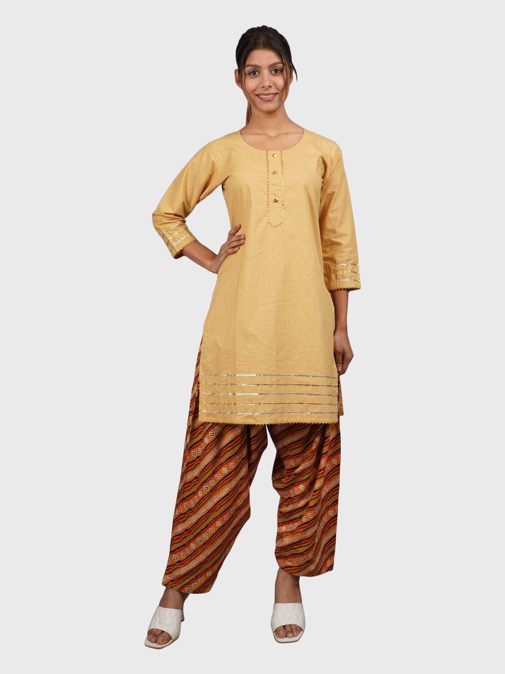 Women Plain Beige Kurta with Stripe Orange Salwar and Dupatta