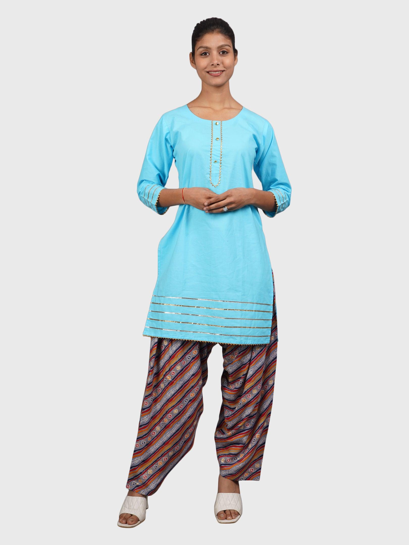 Women Plain Sky Kurta with Stripe Blue Salwar and Dupatta
