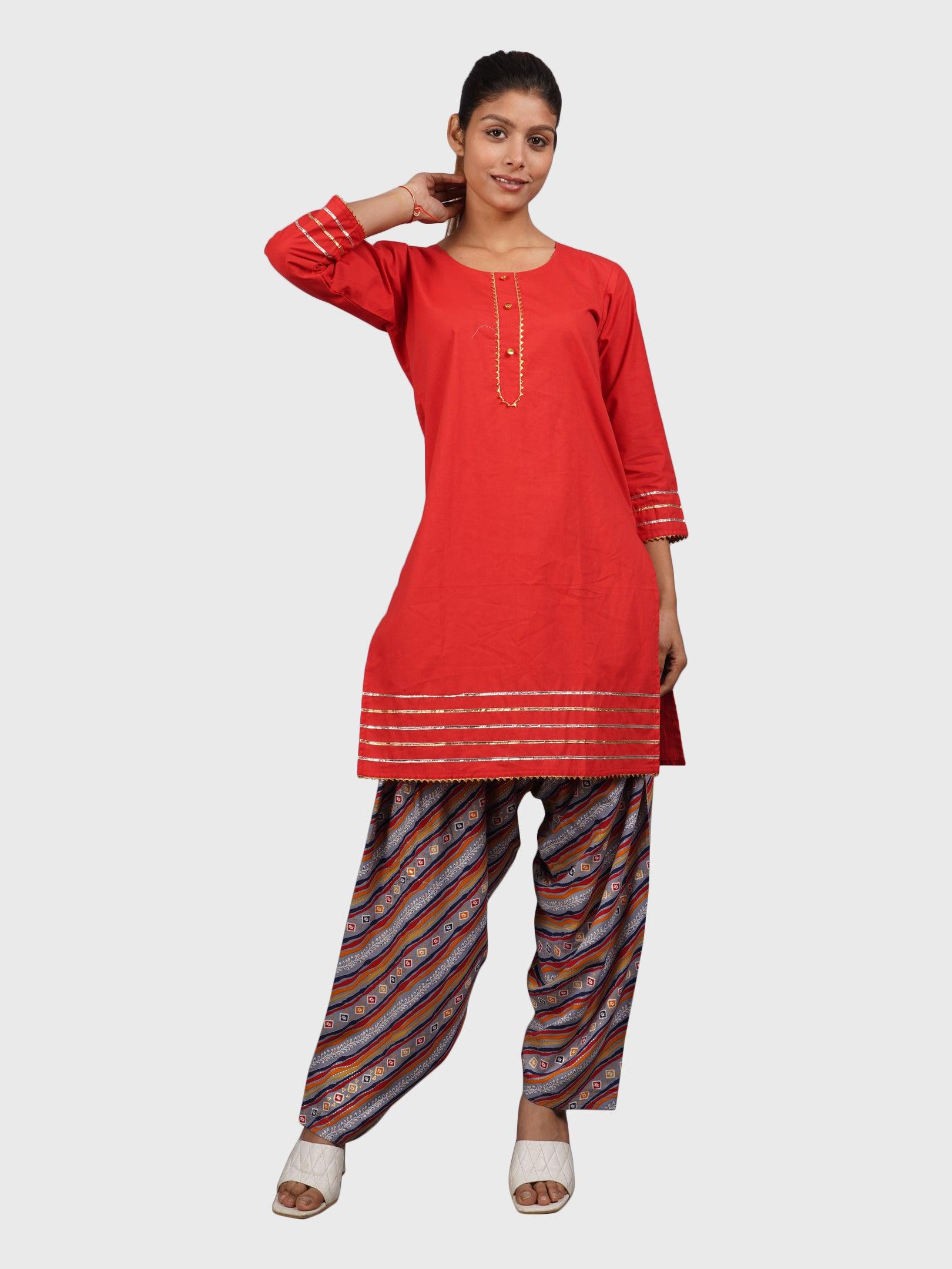 Women Plain Red Kurta with Stripe Blue Salwar and Dupatta