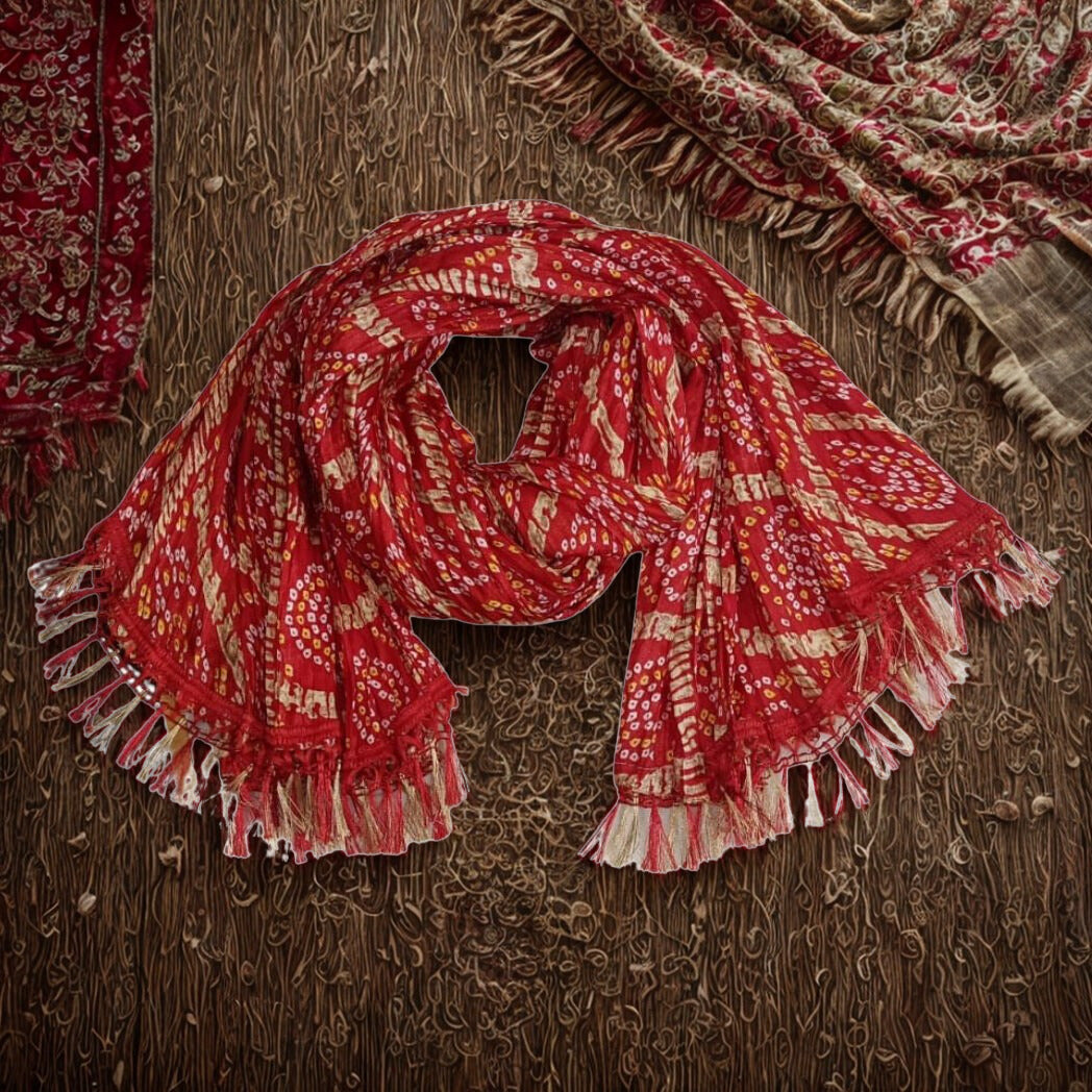 Traditional Red & Gold Bandhani Print Cotton Blend Dupatta with Tassel Fringe