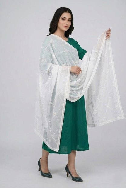 Women's Elegant White Thread Work Cotton Dupatta- 2 Meter