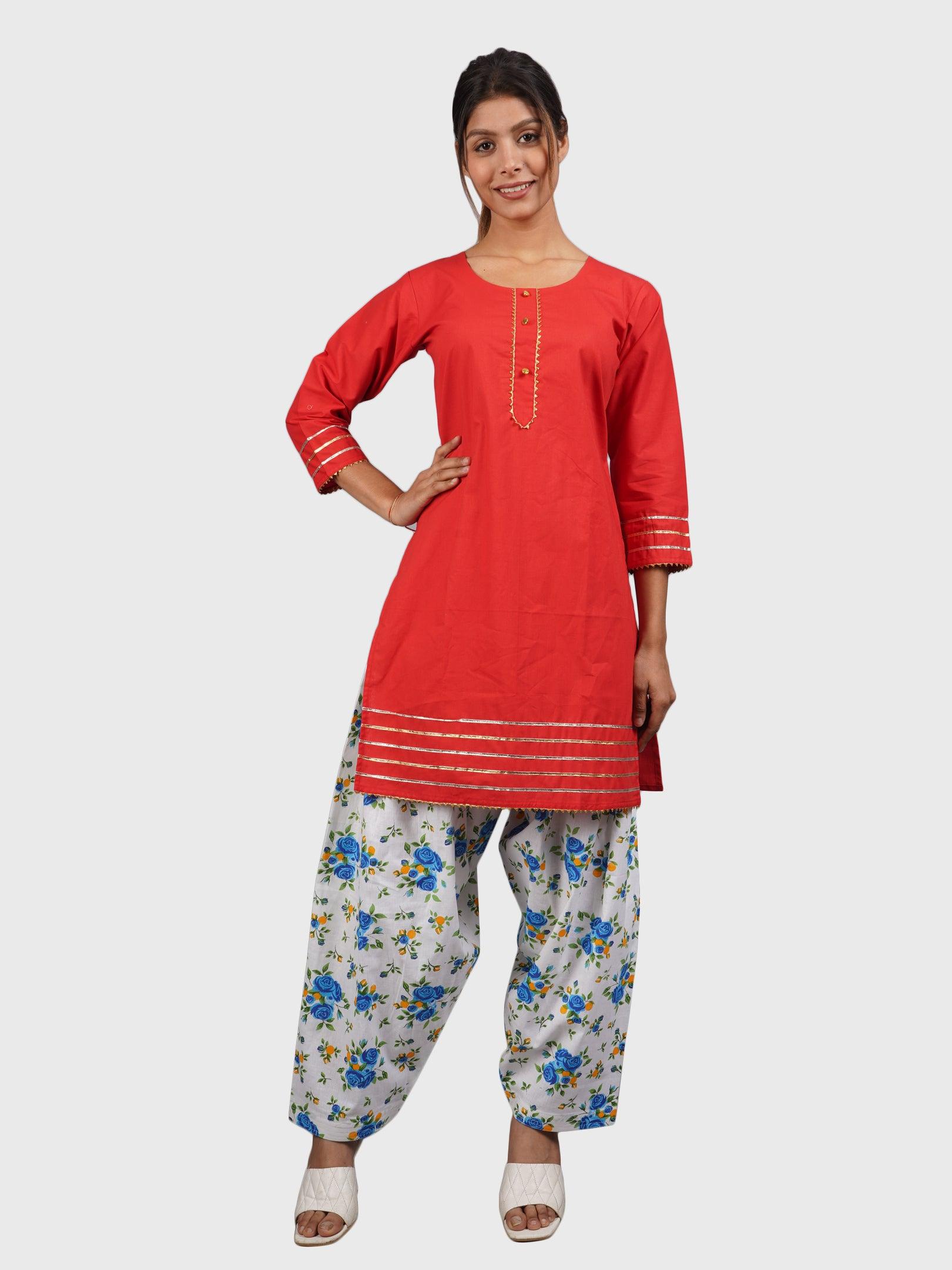 Women Plain Red Kurta with Printed Sky Blue Salwar and Dupatta