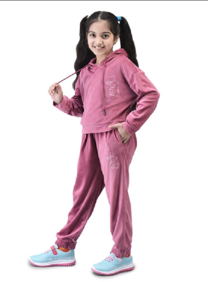 Shiv Naresh Girls Dusty Pink Velour Super Soft Hooded Tracksuit
