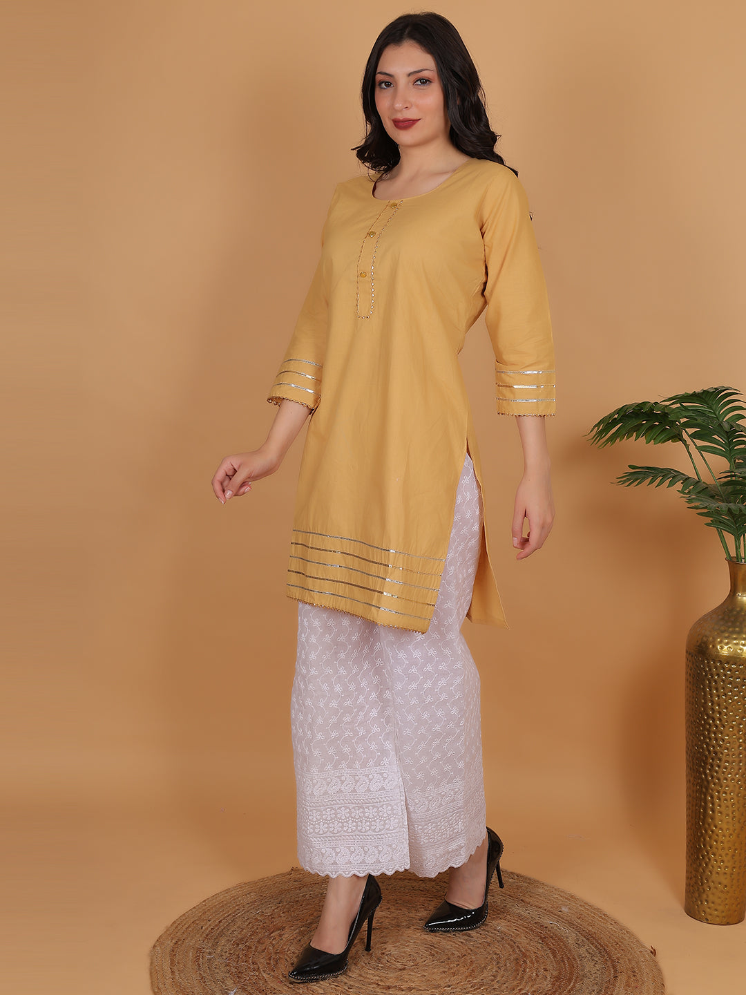 Women Elegant Beige Cotton Kurti & White Embroidered Palazzo Set