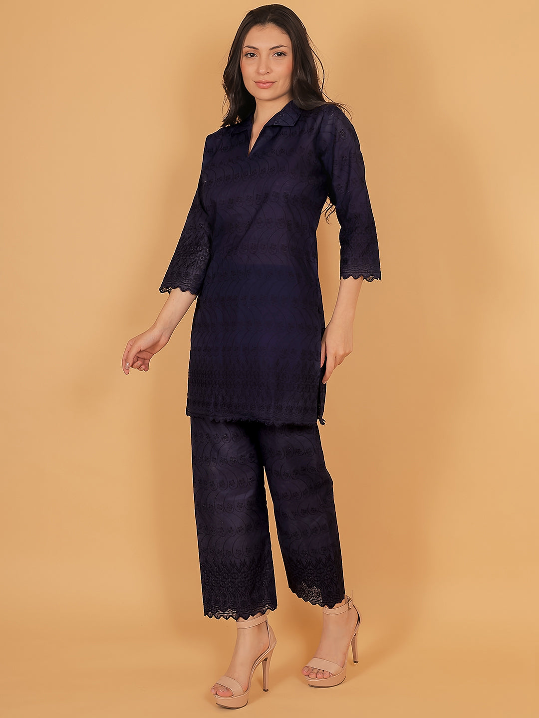 Navy Blue Ethnic Chikan Embroidery Cotton Coord Set