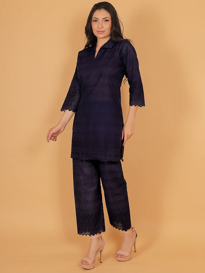 Trendzmy Navy Blue Ethnic Chikan Embroidery Cotton Coord Set