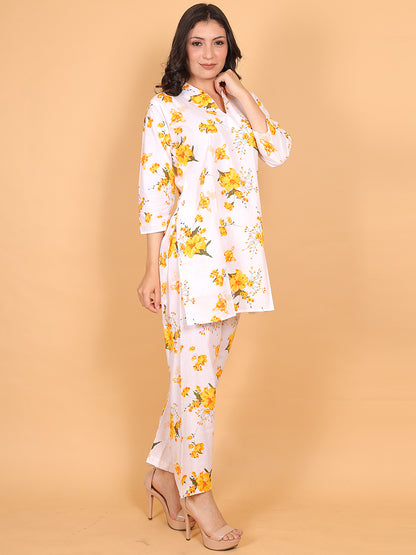 Trendzmy Women Yellow Floral Printed Cotton Coord Set with 3/4 Sleeves