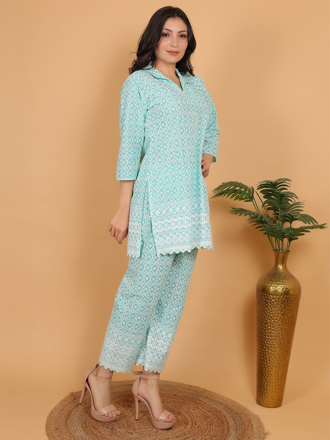 Aqua Green Ethnic Chikan embroidery Cotton Co-ord Set