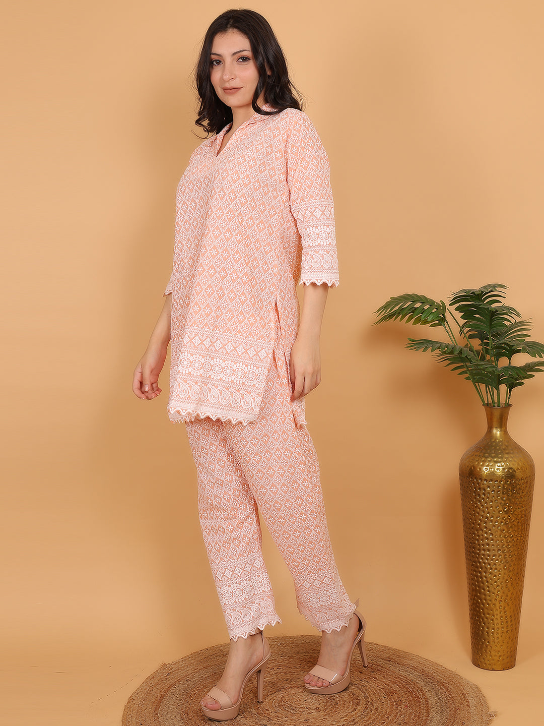 Peach Ethnic Chikan Embroidery Cotton Coord Set