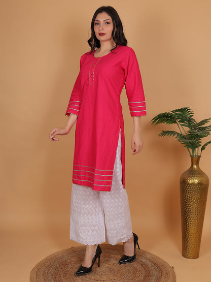 Women Elegant Rani Pink Cotton Kurti & White Embroidered Palazzo Set