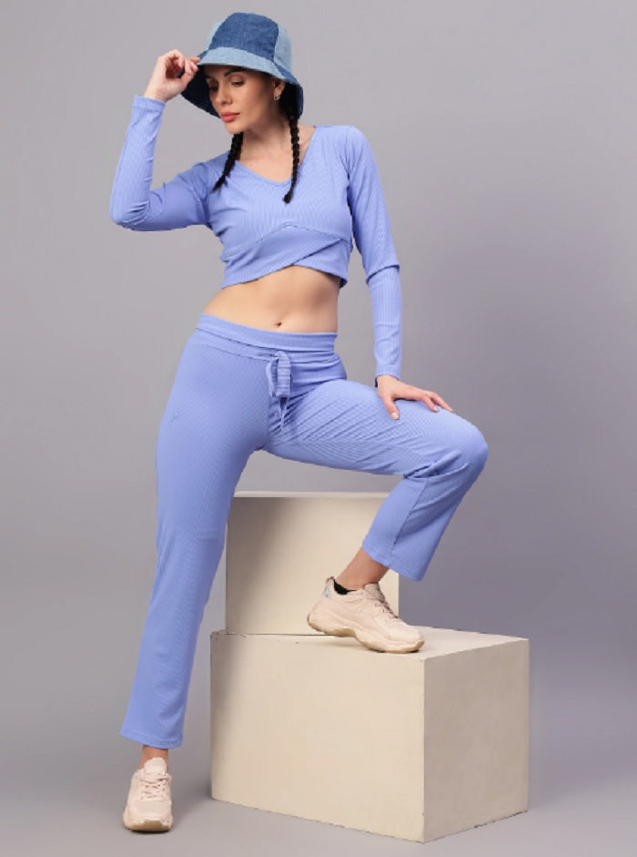 Shiv Naresh Women Pale blue Ribbed Full Sleeves Crop Top with Straight Fit Lounge Pants Co-ord Set
