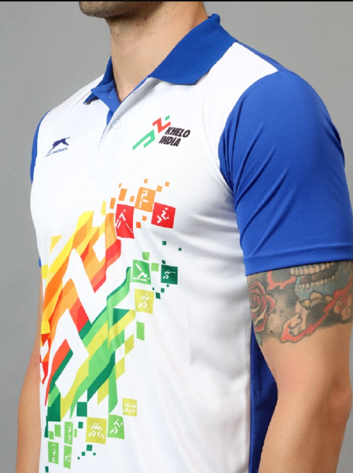 Shiv Naresh Men’s Sports Polo T-Shirt | Front Print Khelo india| Breathable Quick Dry Fabric | Plain Back | Athletic Fit Activewear-Blue