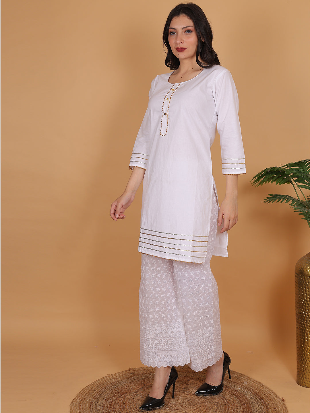 Women Elegant White Cotton Kurti & White Embroidered Palazzo Set