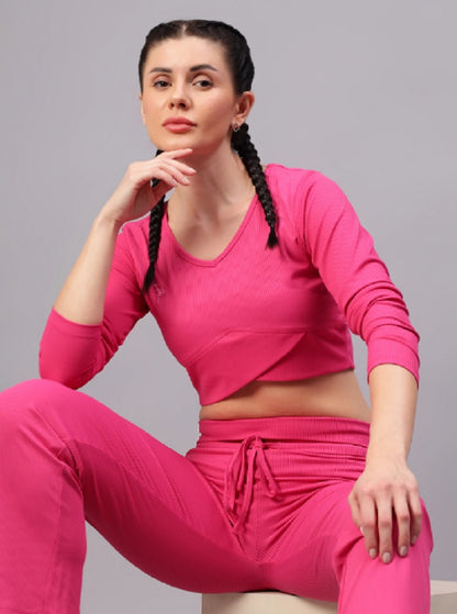 Shiv Naresh Women Fuchsia Ribbed Full Sleeves Crop Top with Straight Fit Lounge Pants Co-ord Set