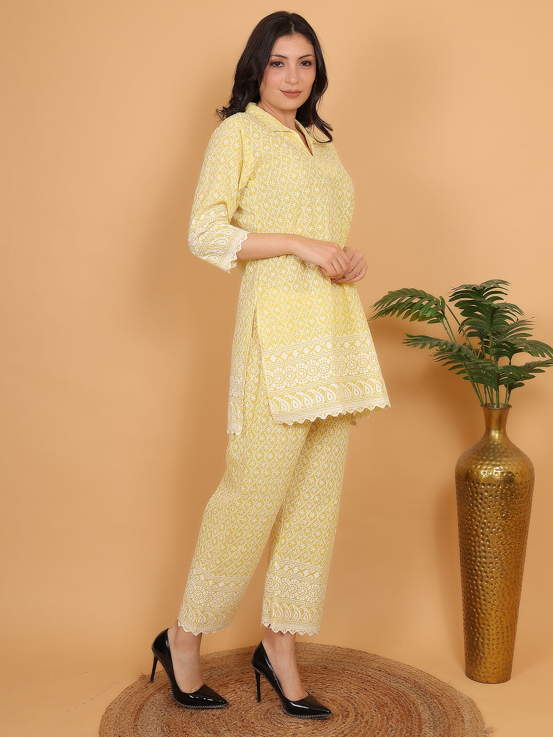 Yellow Ethnic Chikan Embroidery Cotton Coord Set