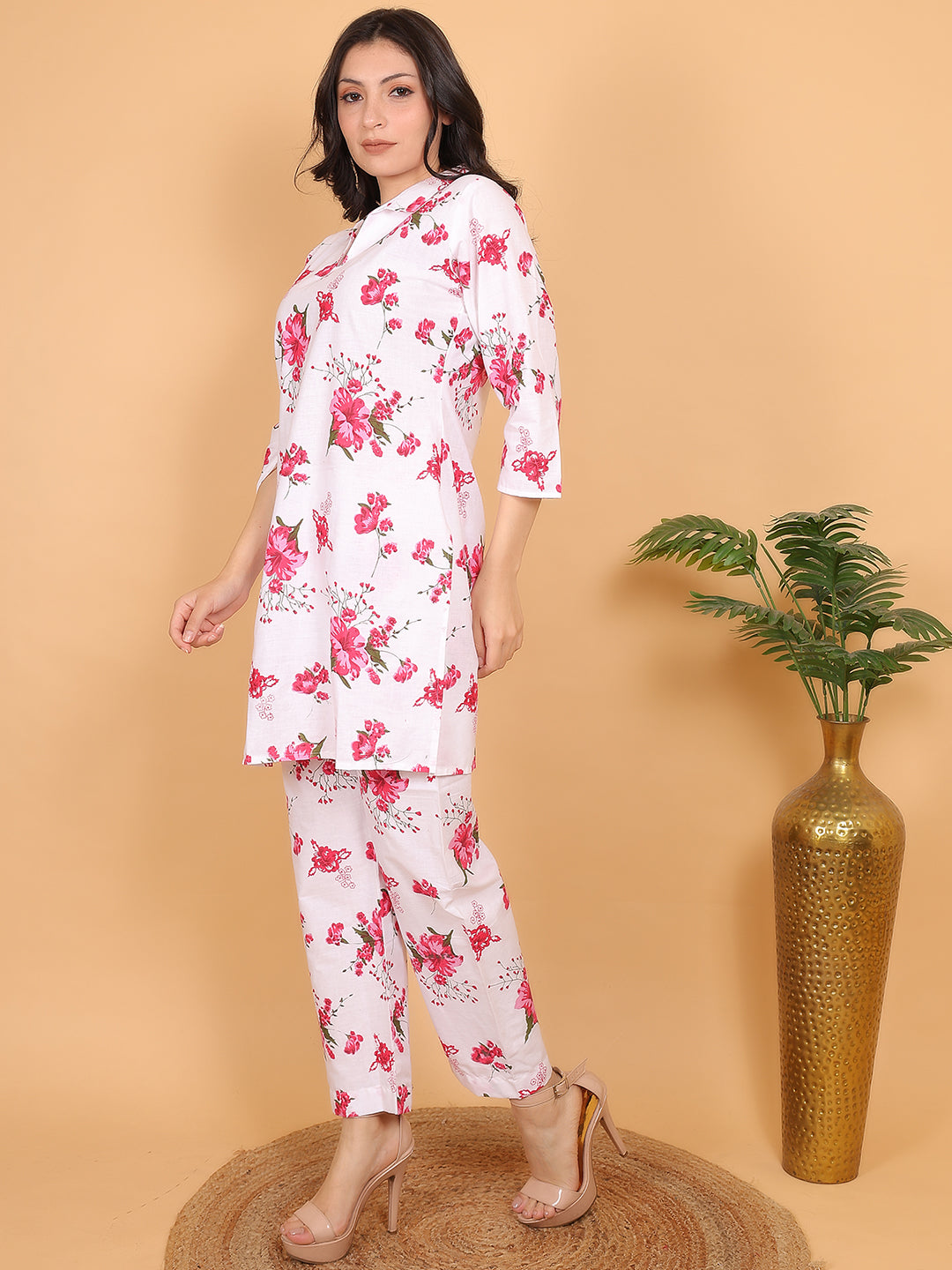 Women Red Floral Printed Cotton Coord Set with 3/4 Sleeves