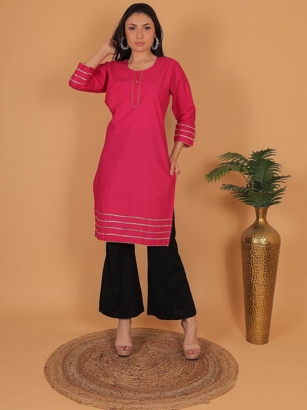 Women Pink Cotton Straight Kurti with Golden Detailing