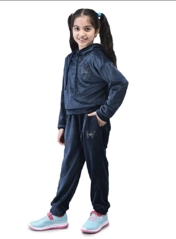Shiv Naresh Girls Navy Velour Super Soft Hooded Tracksuit