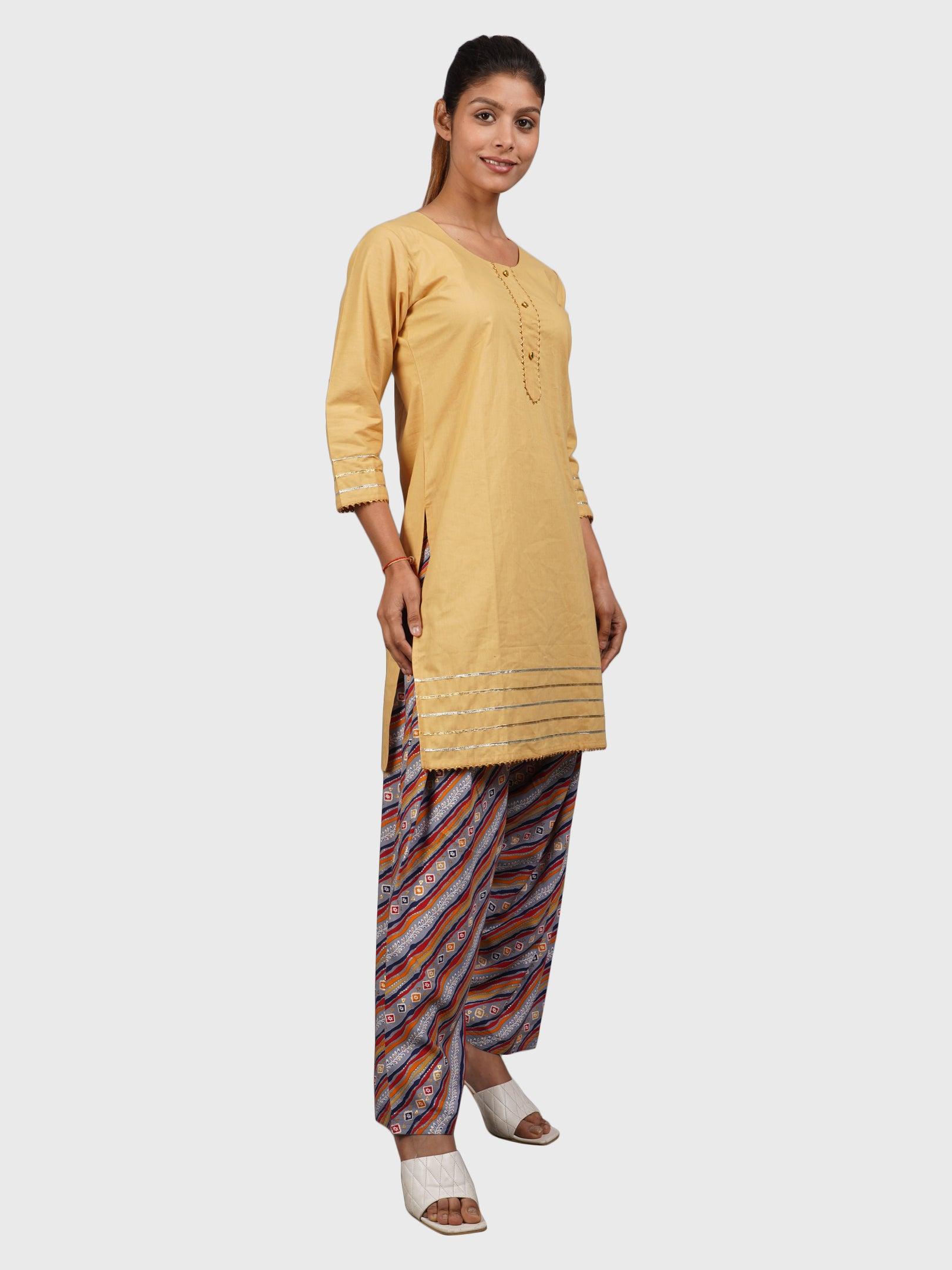 Women Plain Beige Kurta with Stripe Blue Salwar and Dupatta