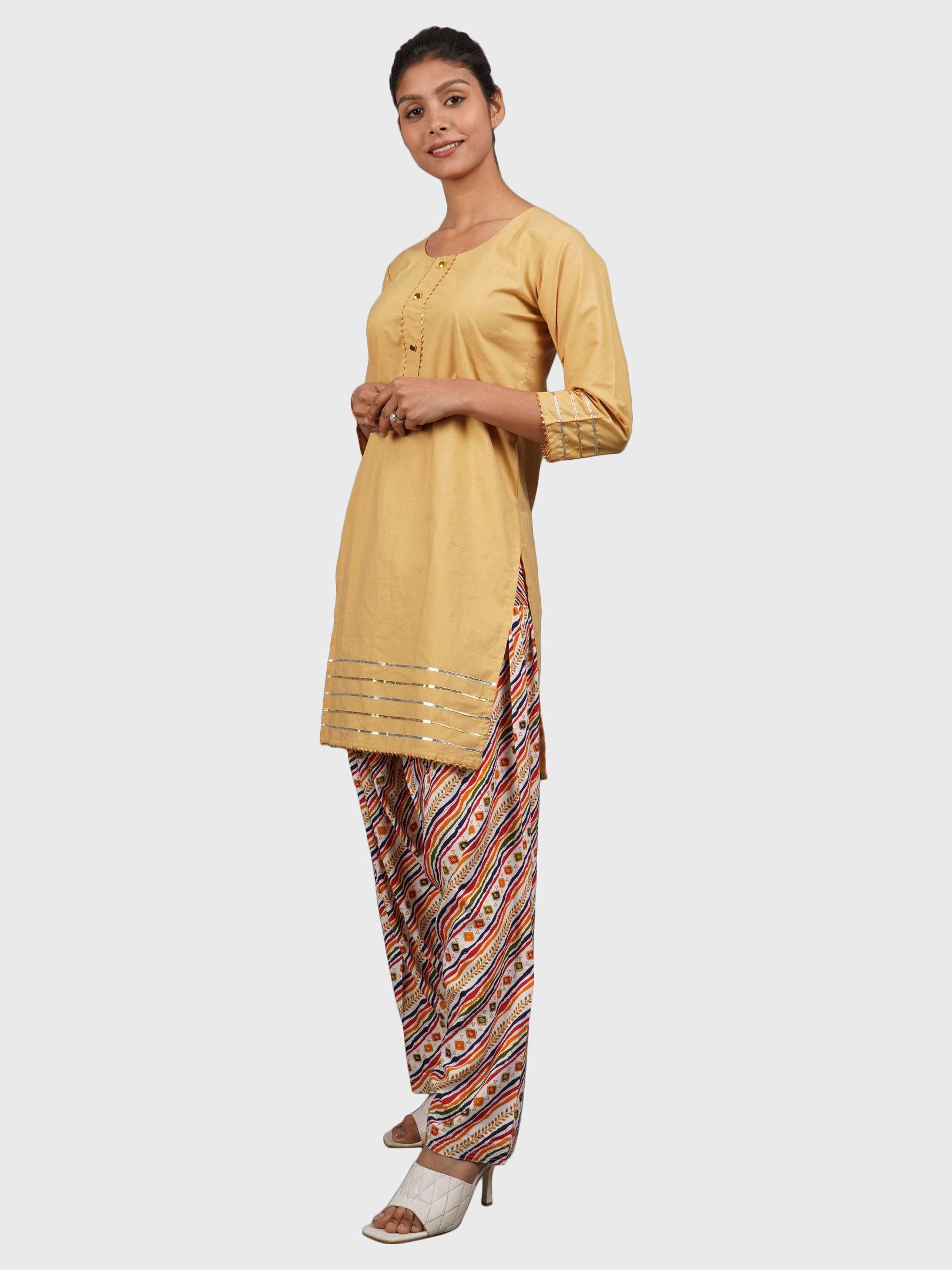 Women Plain Beige Kurta with Stripe Cream Salwar and Dupatta