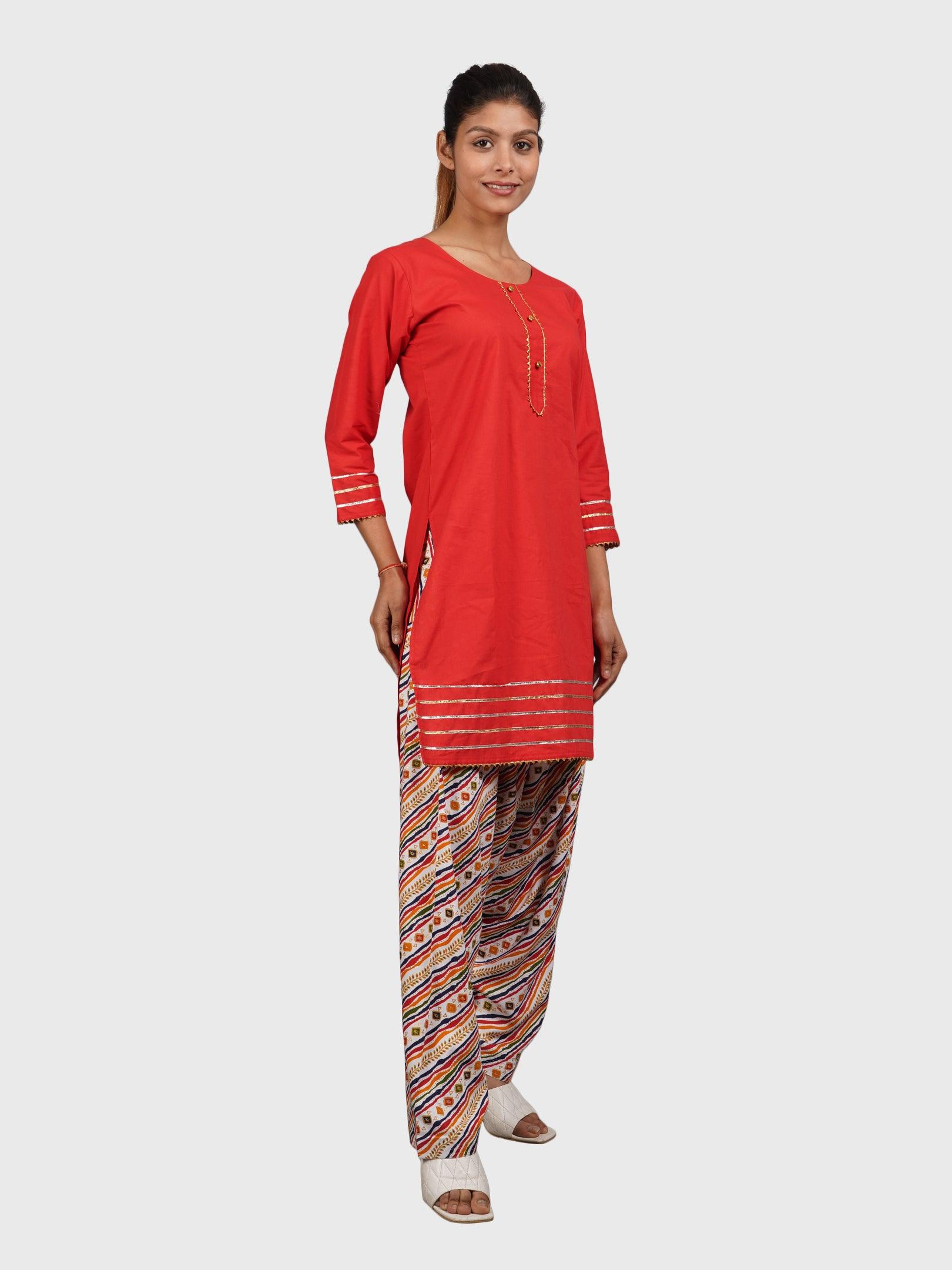 Women Plain Red Kurta with Stripe Cream Salwar and Dupatta