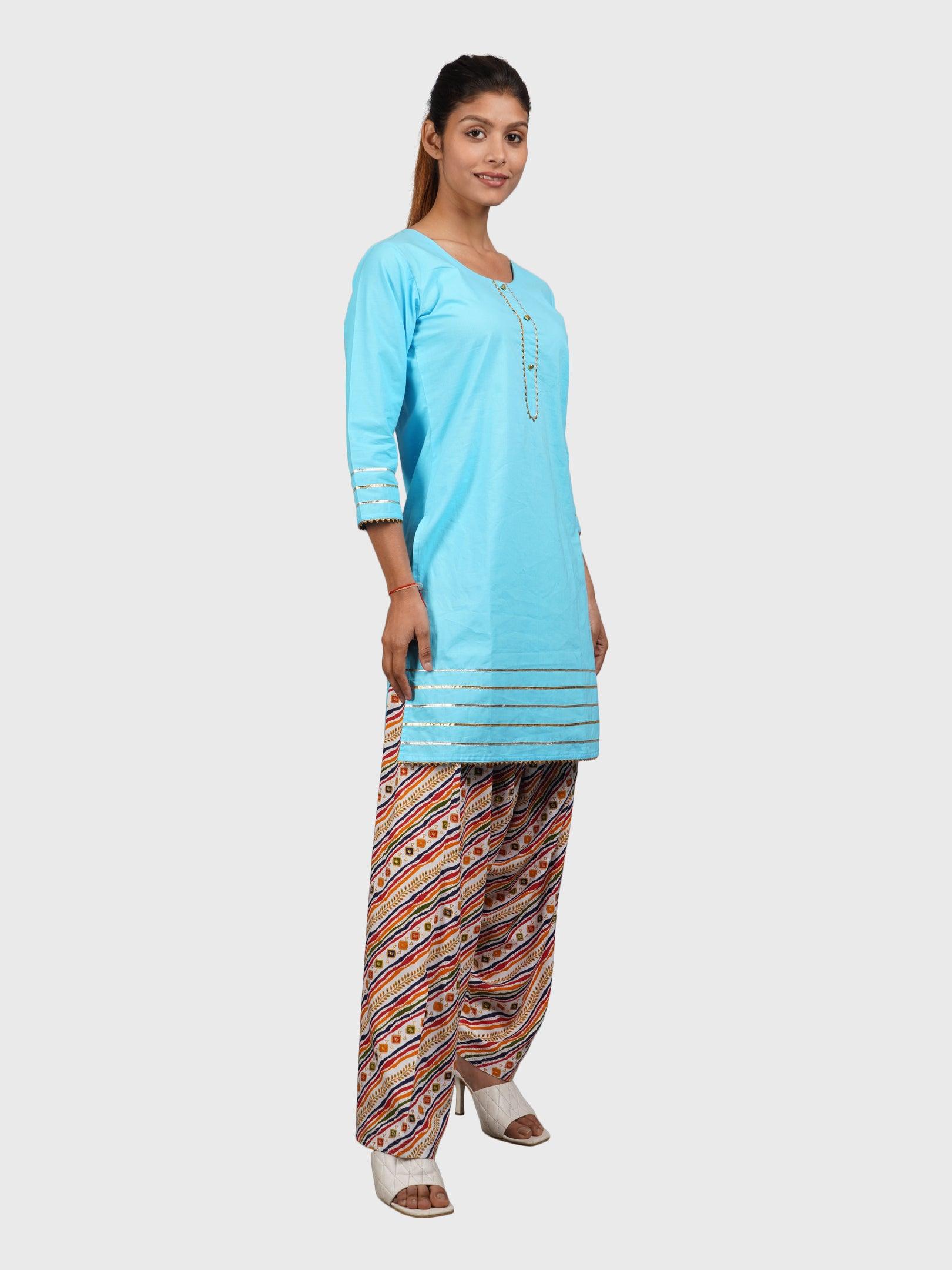 Women Plain Sky Kurta with Stripe Cream Salwar and Dupatta