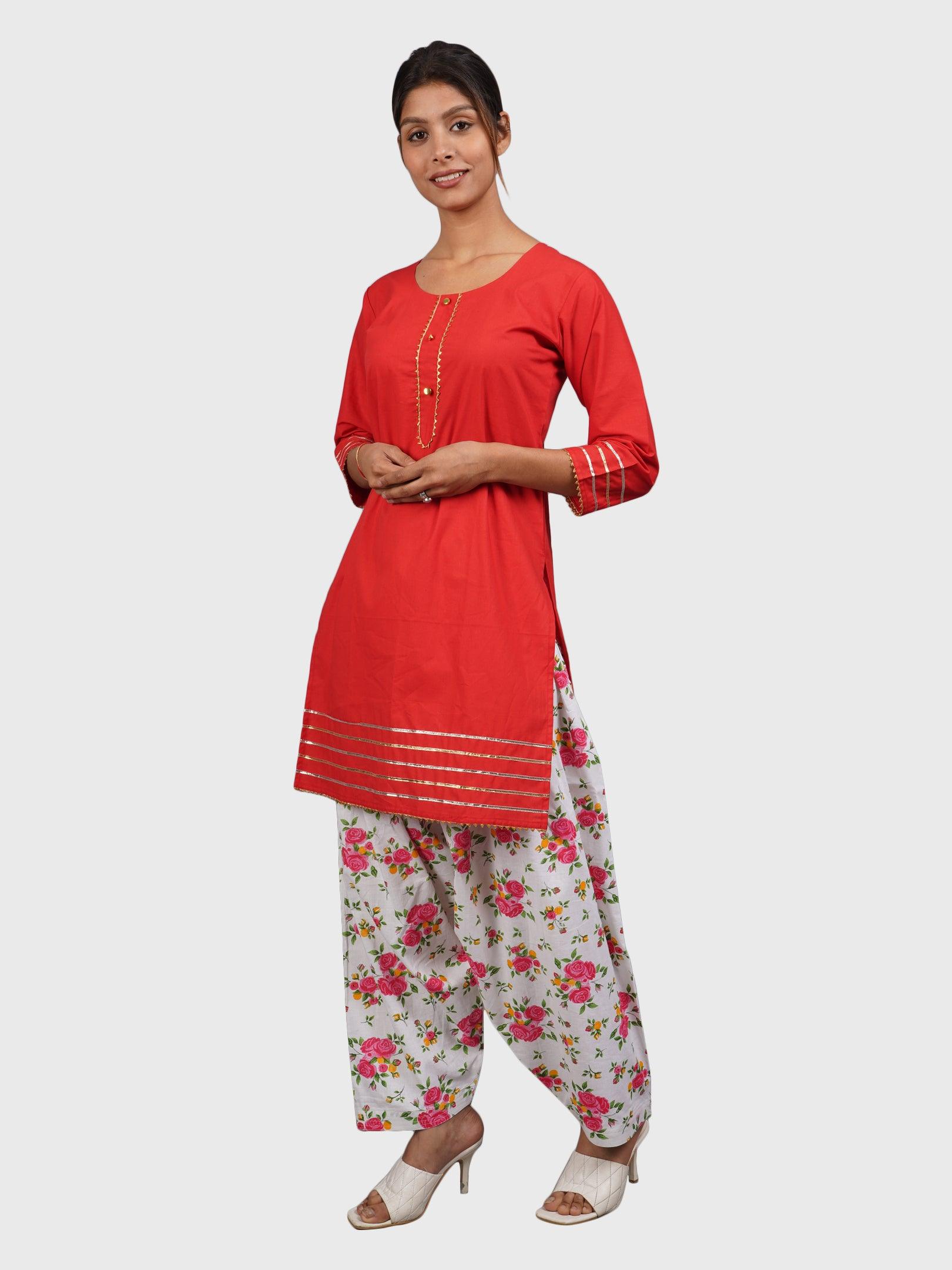 Women Plain Red Kurta with Printed Pink Salwar and Dupatta