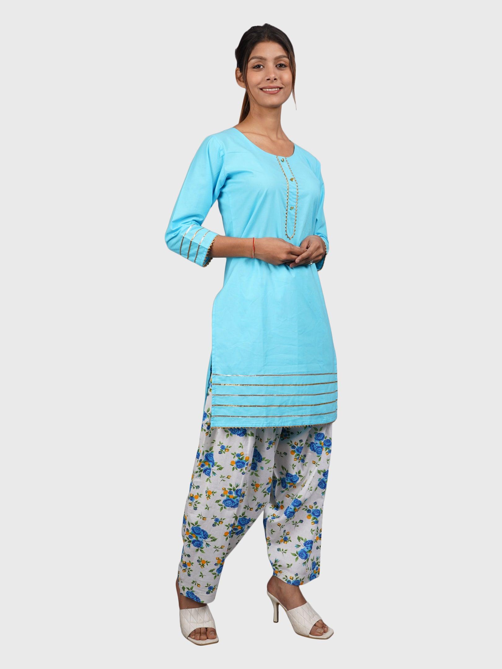 Women Plain Sky Blue Kurta with Printed Salwar and Dupatta