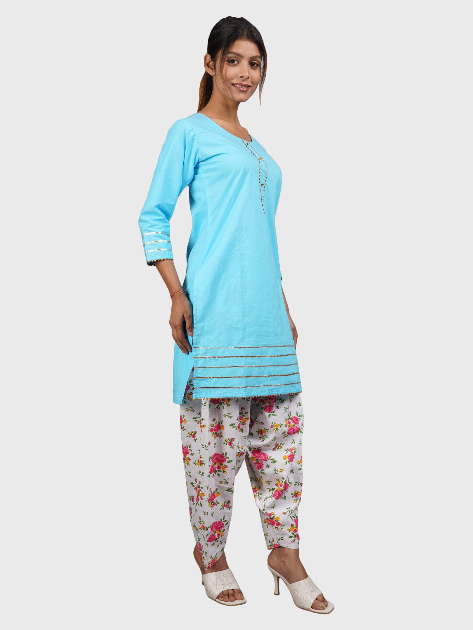 Women Plain Sky Blue Kurta with Printed Pink Salwar and Dupatta