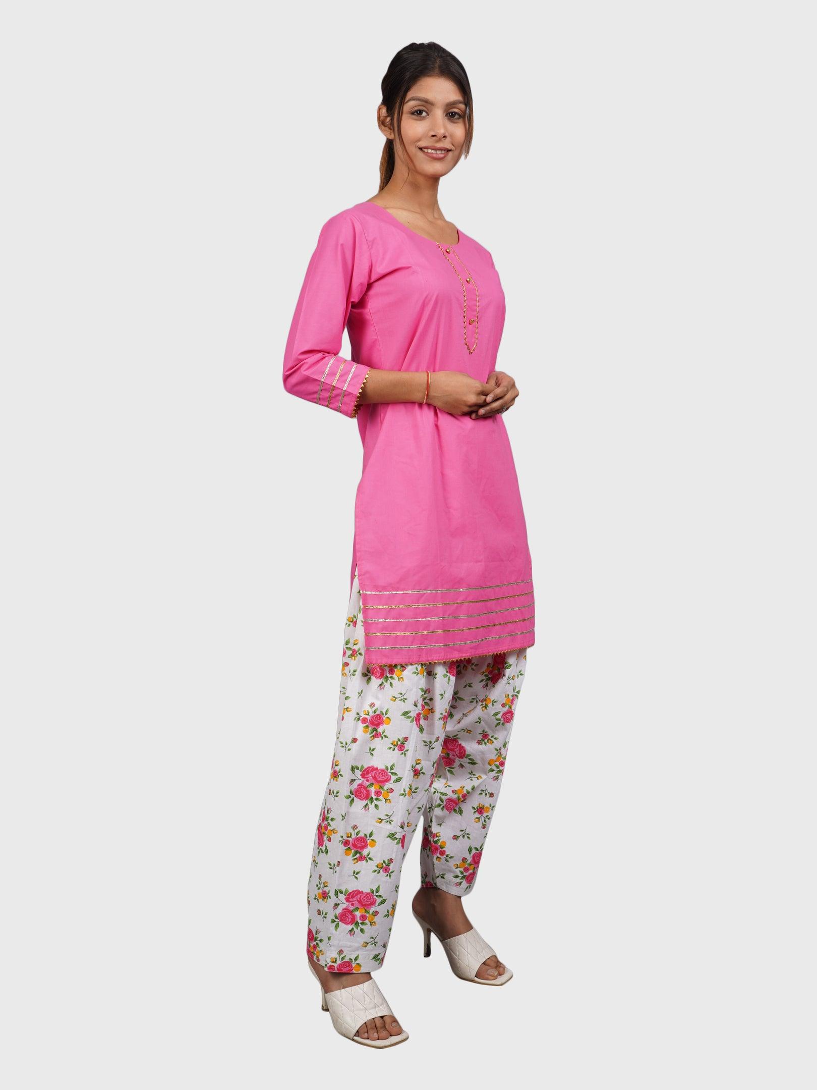Women Plain Pink Kurta with Printed Salwar and Dupatta