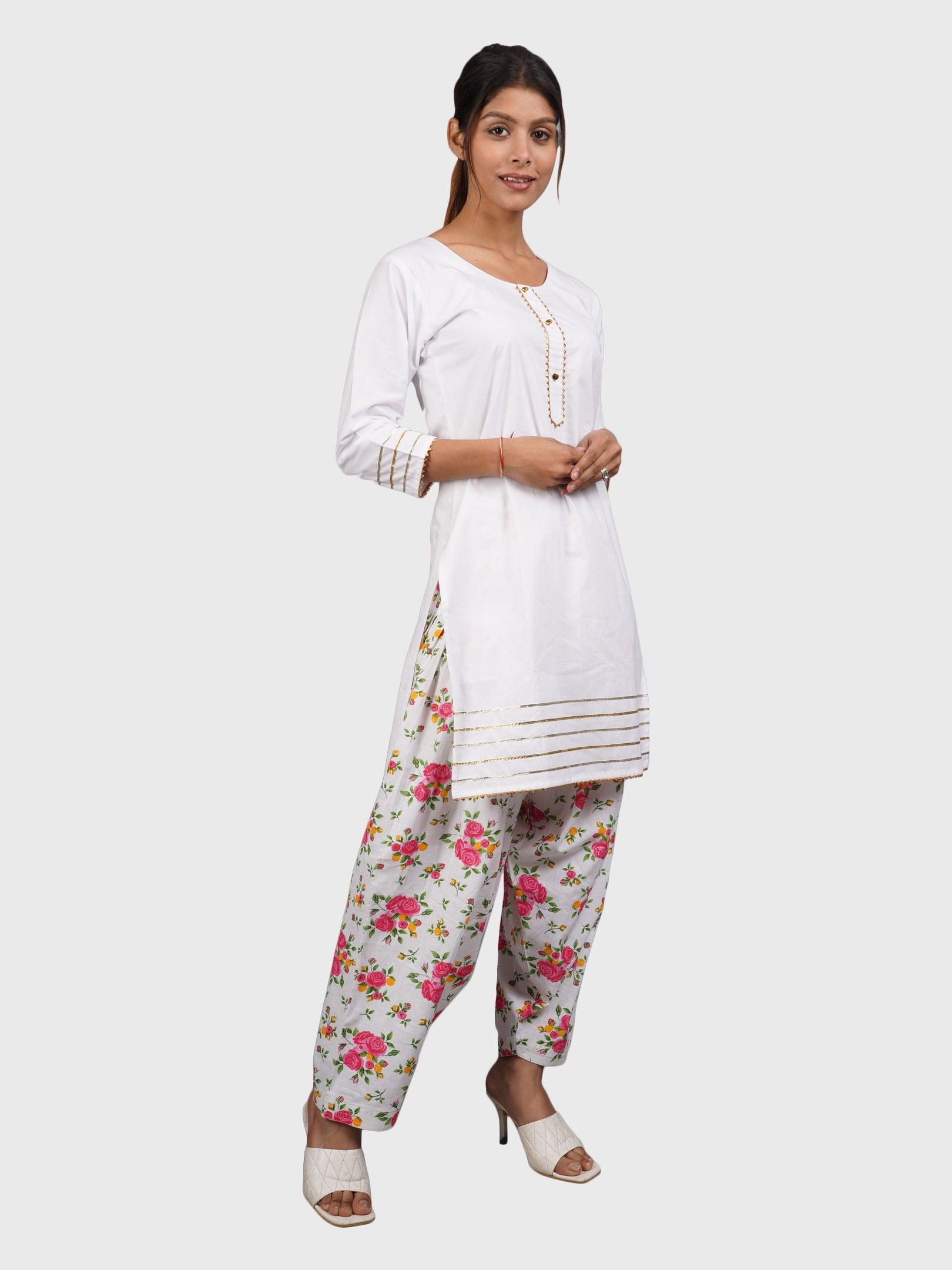 Women Plain White Kurta with Printed Pink Salwar and Dupatta