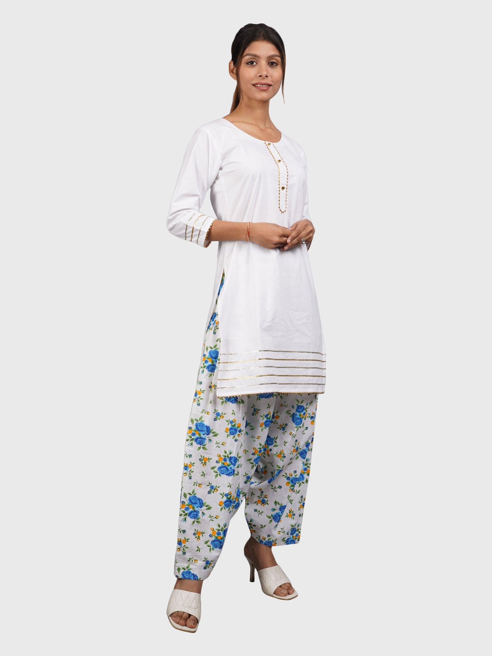 Women Plain White Kurta with Printed Sky Salwar and Dupatta
