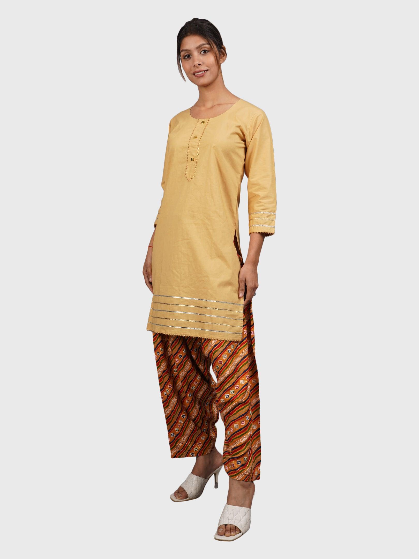 Women Plain Beige Kurta with Stripe Orange Salwar and Dupatta
