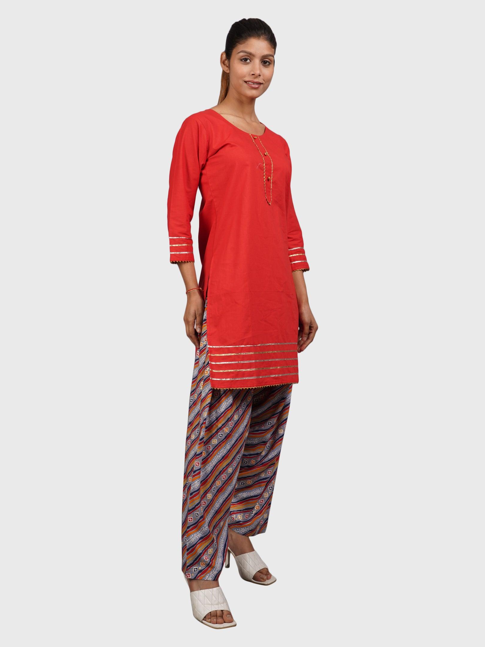 Women Plain Red Kurta with Stripe Blue Salwar and Dupatta