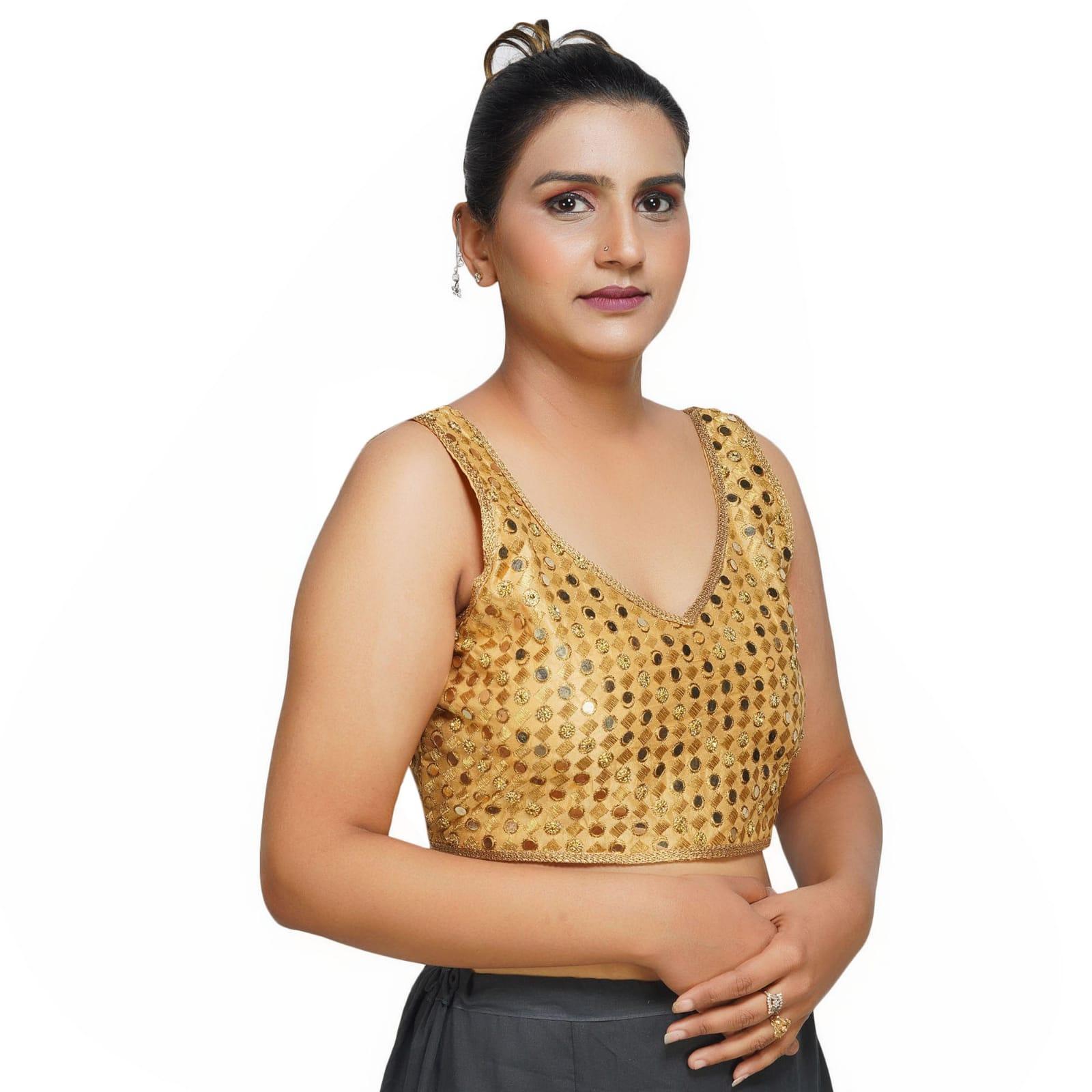 Sweetheart Neck Back Less Mirror Embroidery Golden Women Blouse