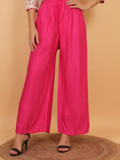 Bright Cream Floral Printed Kurta with Pink Palazzo Set for Women – Stylish Ethnic Outfit with Pockets