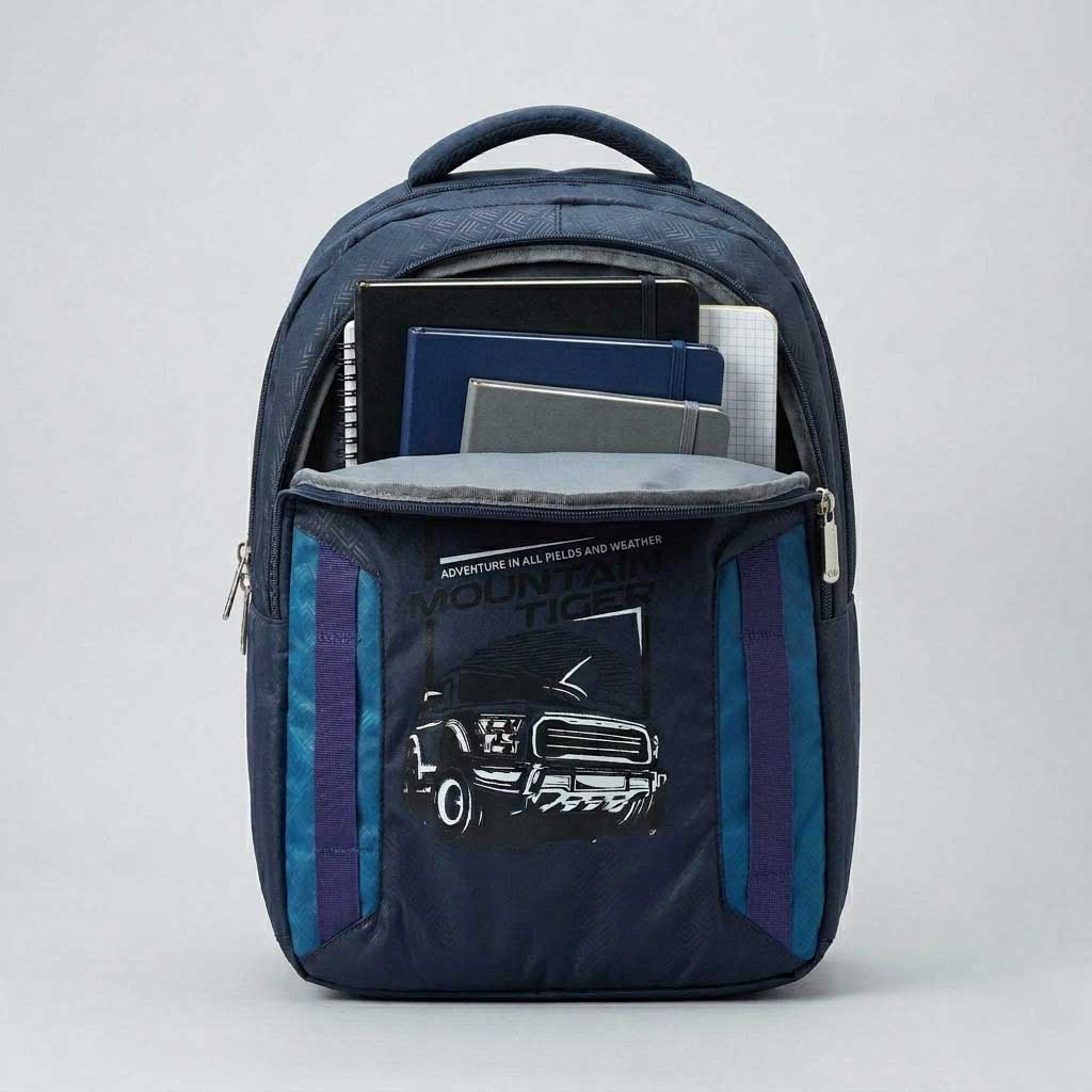 Ergonomic School Backpack – Durable Navy Blue Multi-Compartment Daypack with Truck Graphic & Notebook Organizer