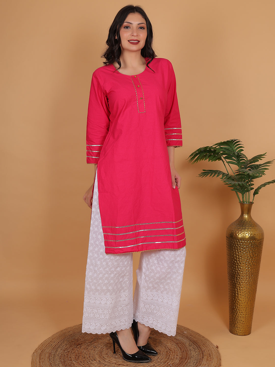 Women Elegant Rani Pink Cotton Kurti & White Embroidered Palazzo Set