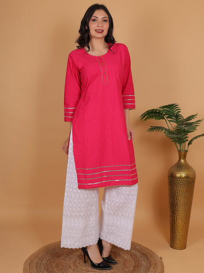 Women Elegant Rani Pink Cotton Kurti & White Embroidered Palazzo Set