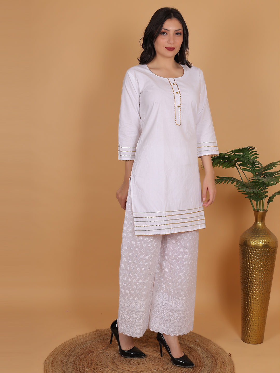 Women Elegant White Cotton Kurti & White Embroidered Palazzo Set