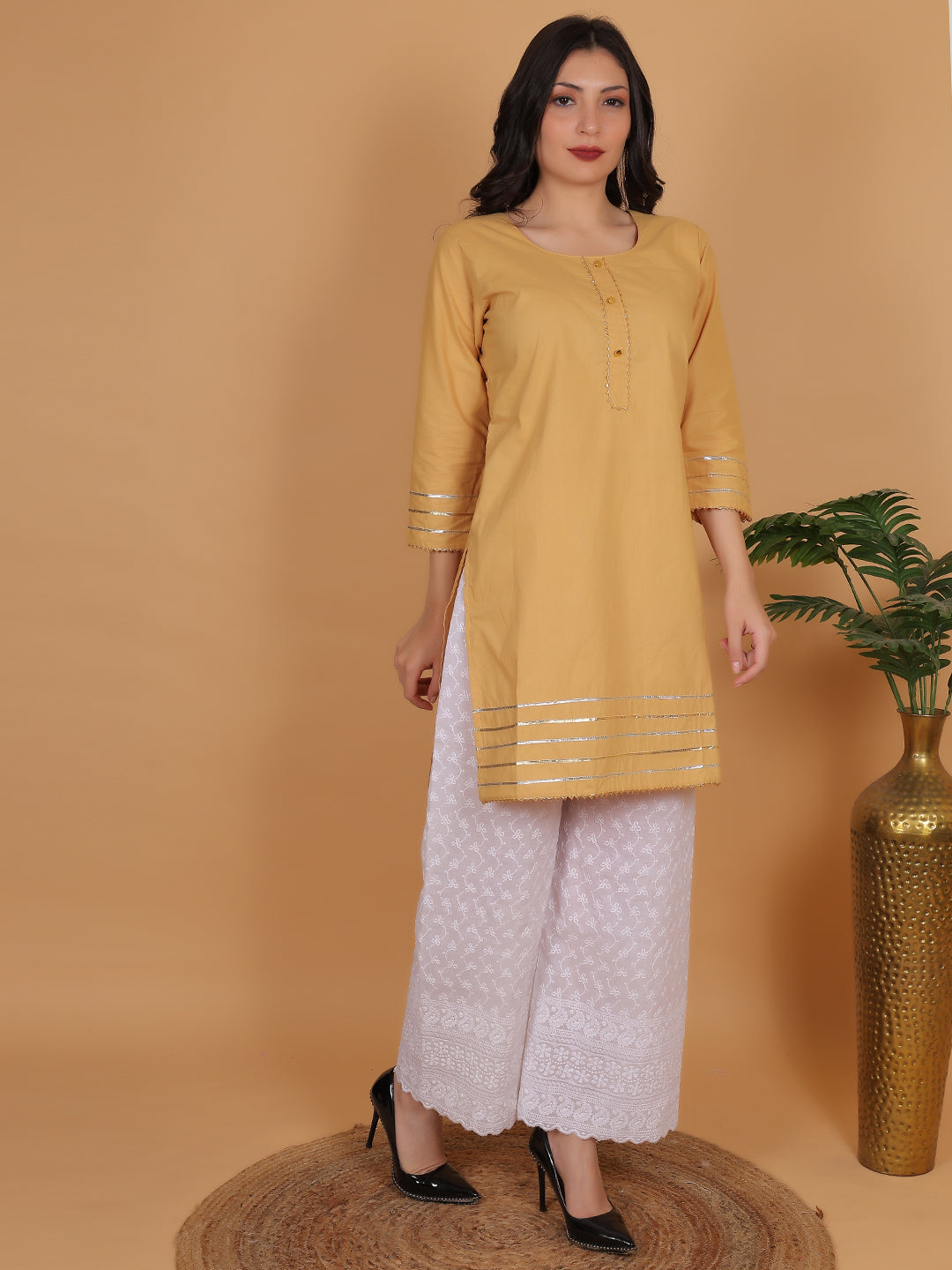 Women Elegant Beige Cotton Kurti & White Embroidered Palazzo Set